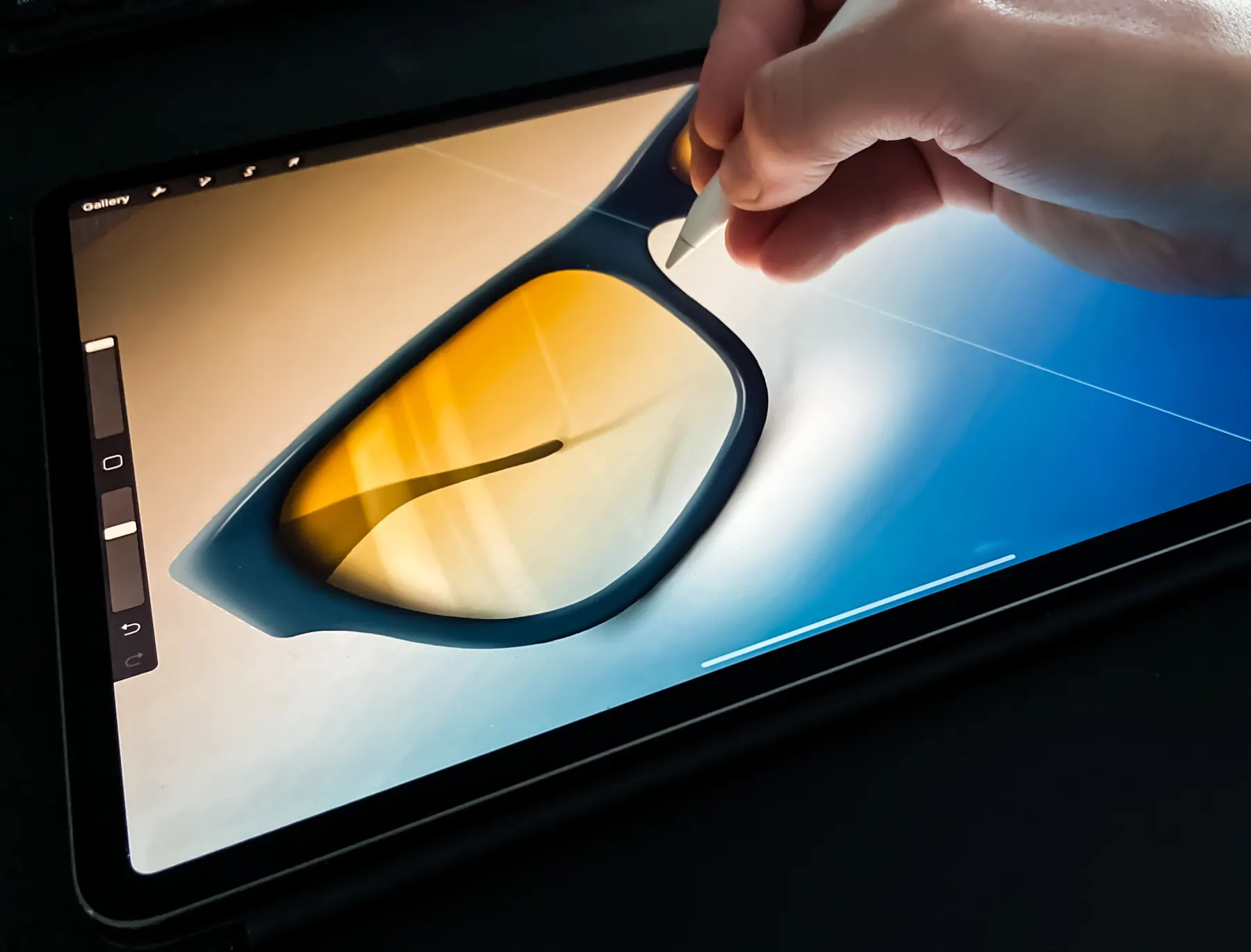 Product design sketch of sunglasses on an iPad