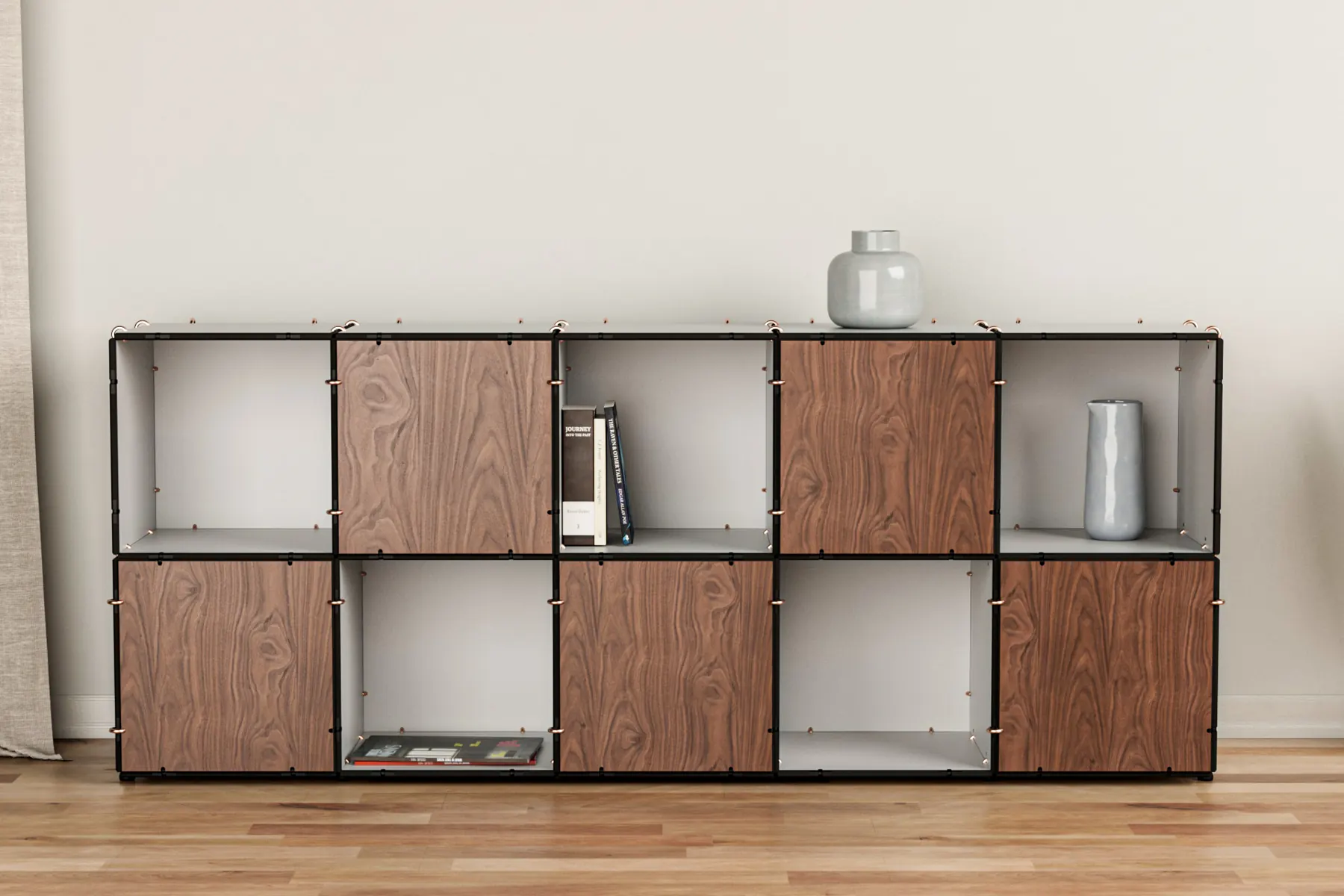 Anillo shelving system with walnut fronts in a living room – photorealistic 3D visualisation
