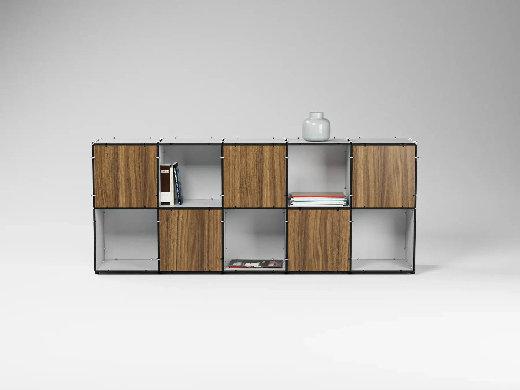 Anillo sideboard with eight modules in walnut and white – 3D rendering