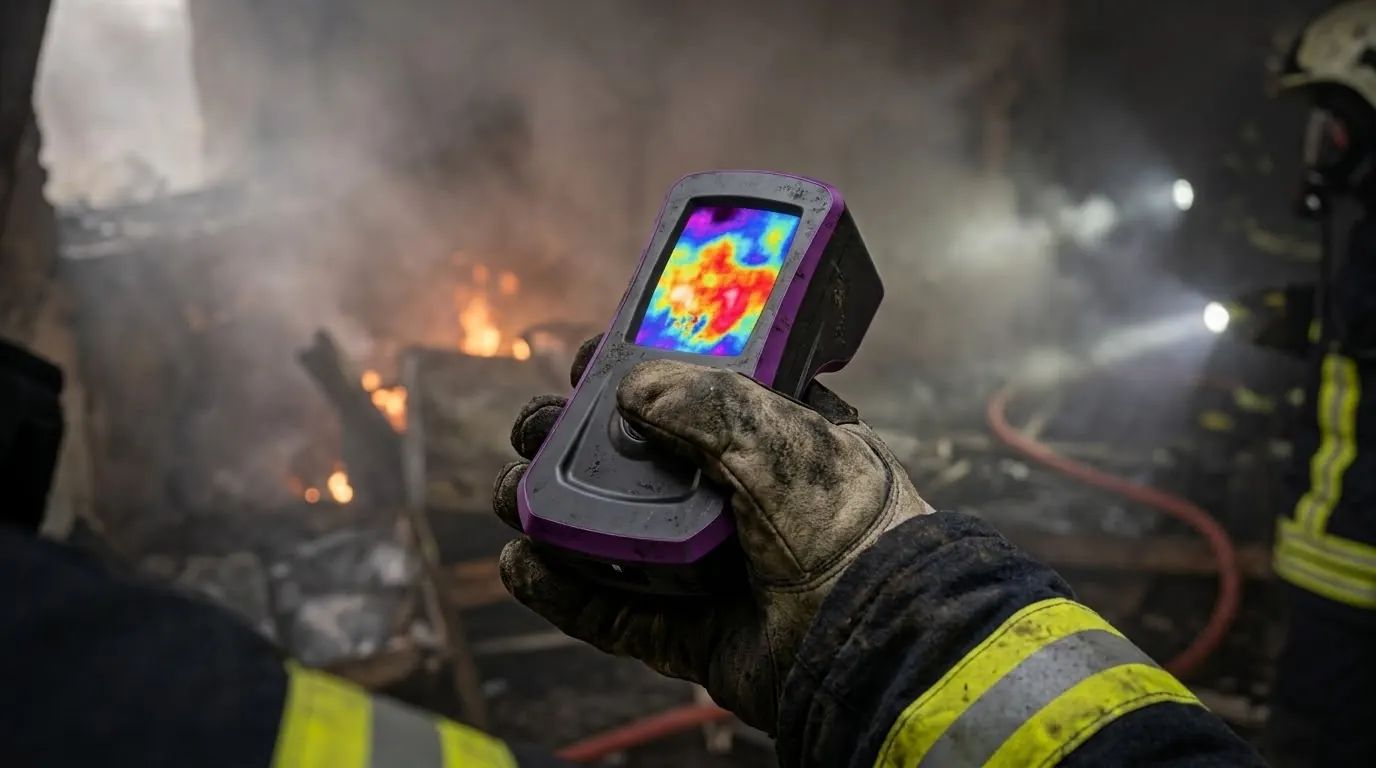 Feuerwehrmann hält das FireDrone Handheld mit Wärmebild in einem brennenden Gebäude