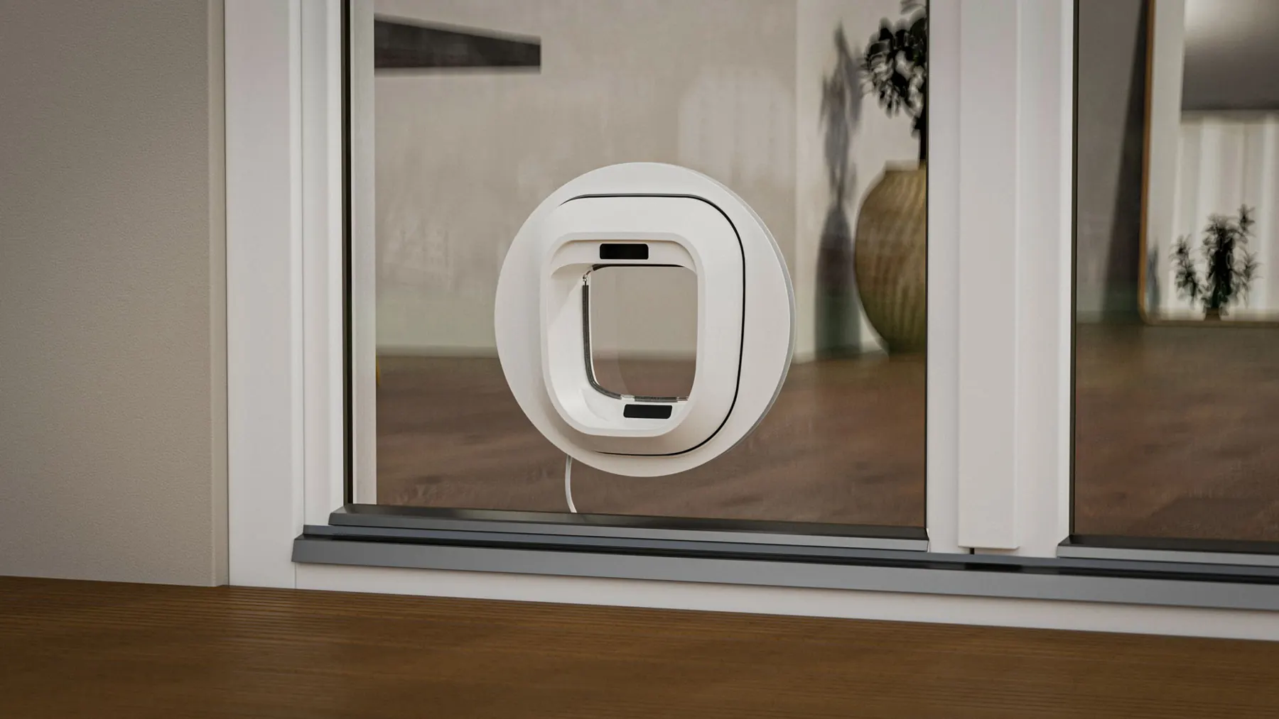Flappie Katzenklappe in einer Glastür im Wohnraum – 3D-Visualisierung
