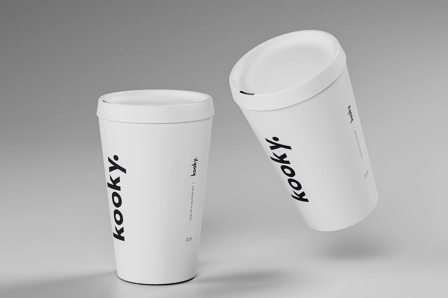 Two white kooky reusable cups with lids – 3D product visualisation