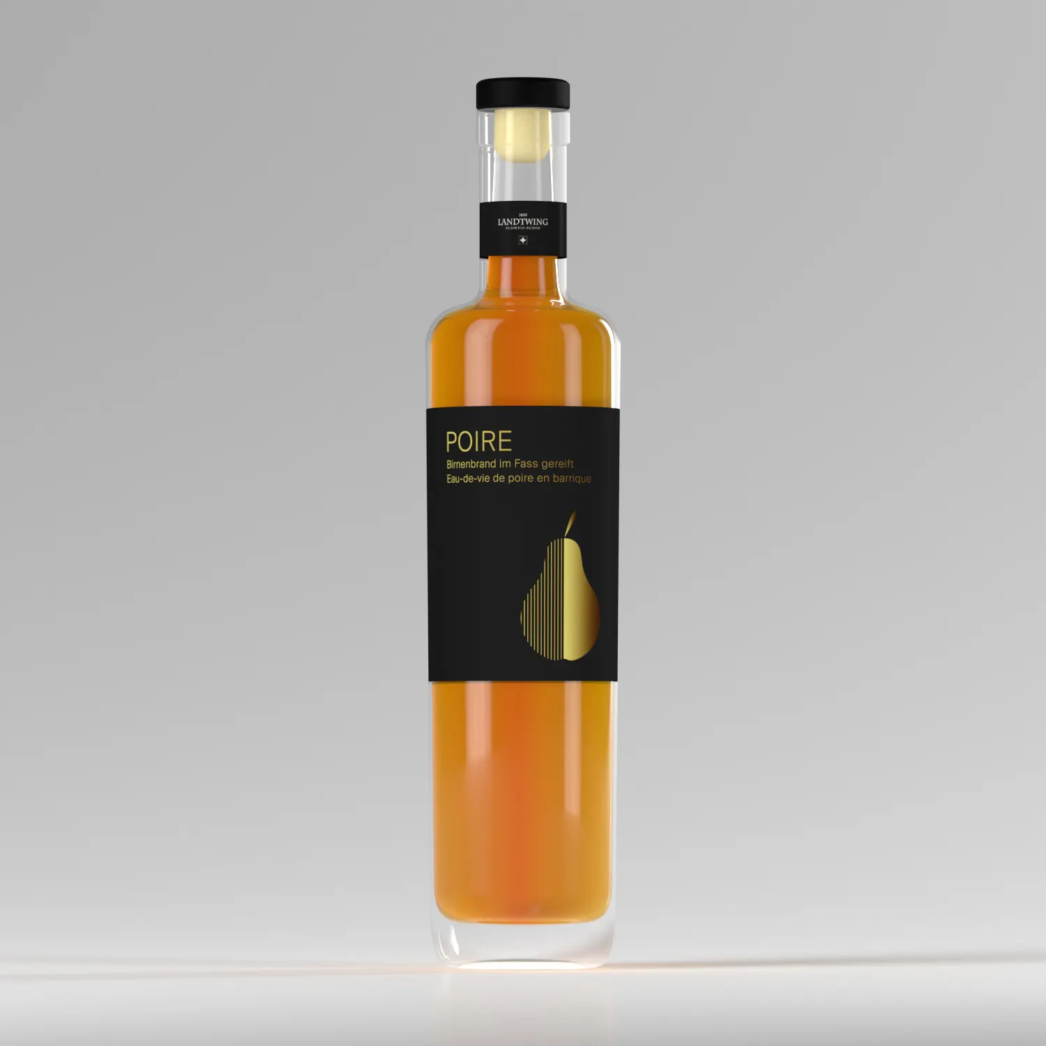 Landtwing Virgin Poire bottle with a golden label – 3D rendering