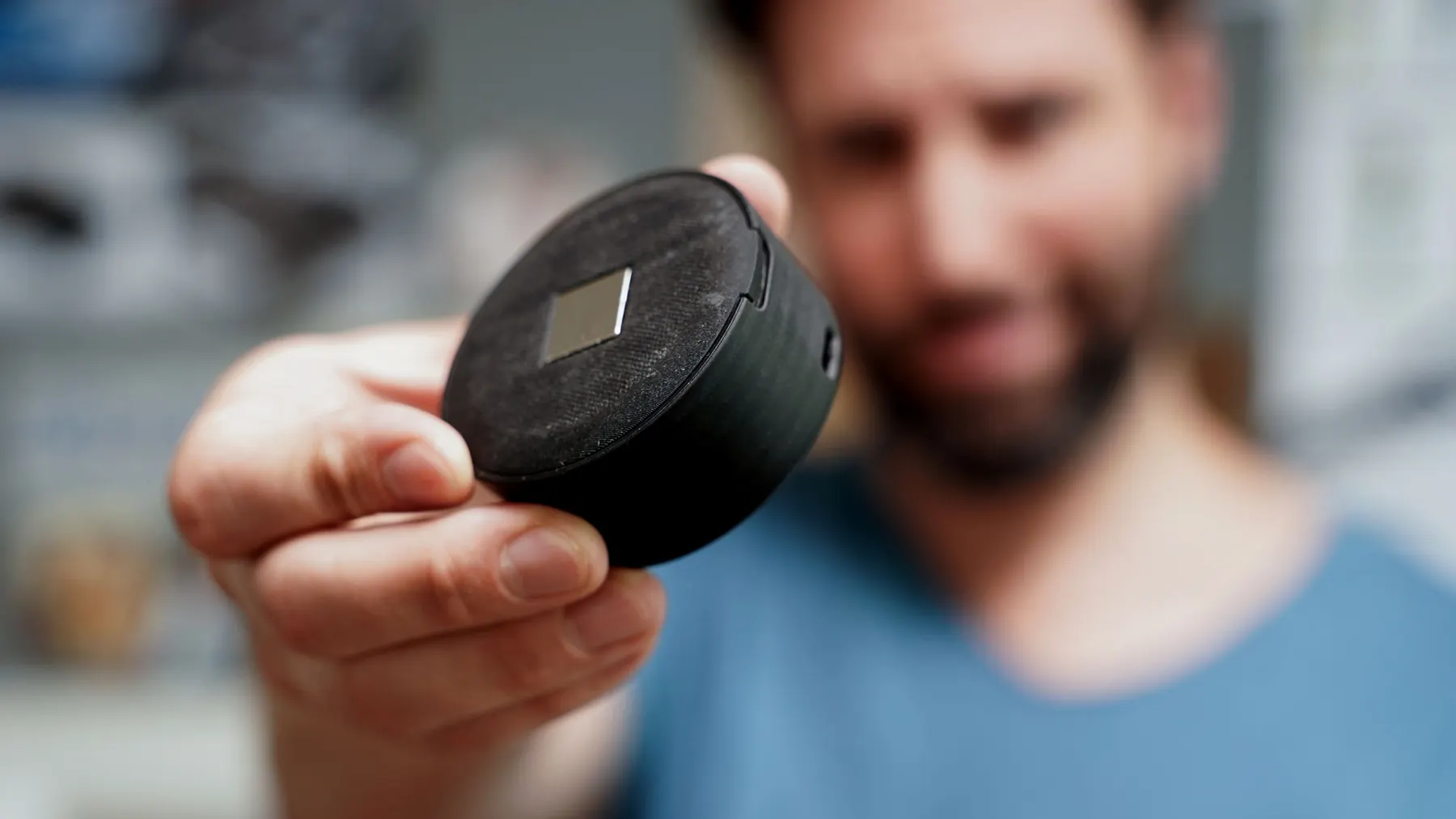 SLA 3D-printed prototype of the thingdust sensor housing, underside with magnetic holder