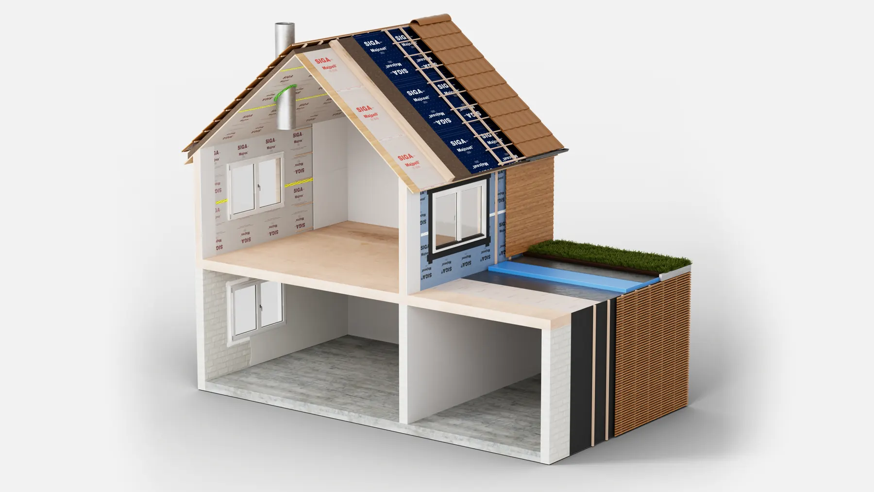 Cut-away 3D house with SIGA products on the roof, walls and floor – photorealistic 3D visualisation