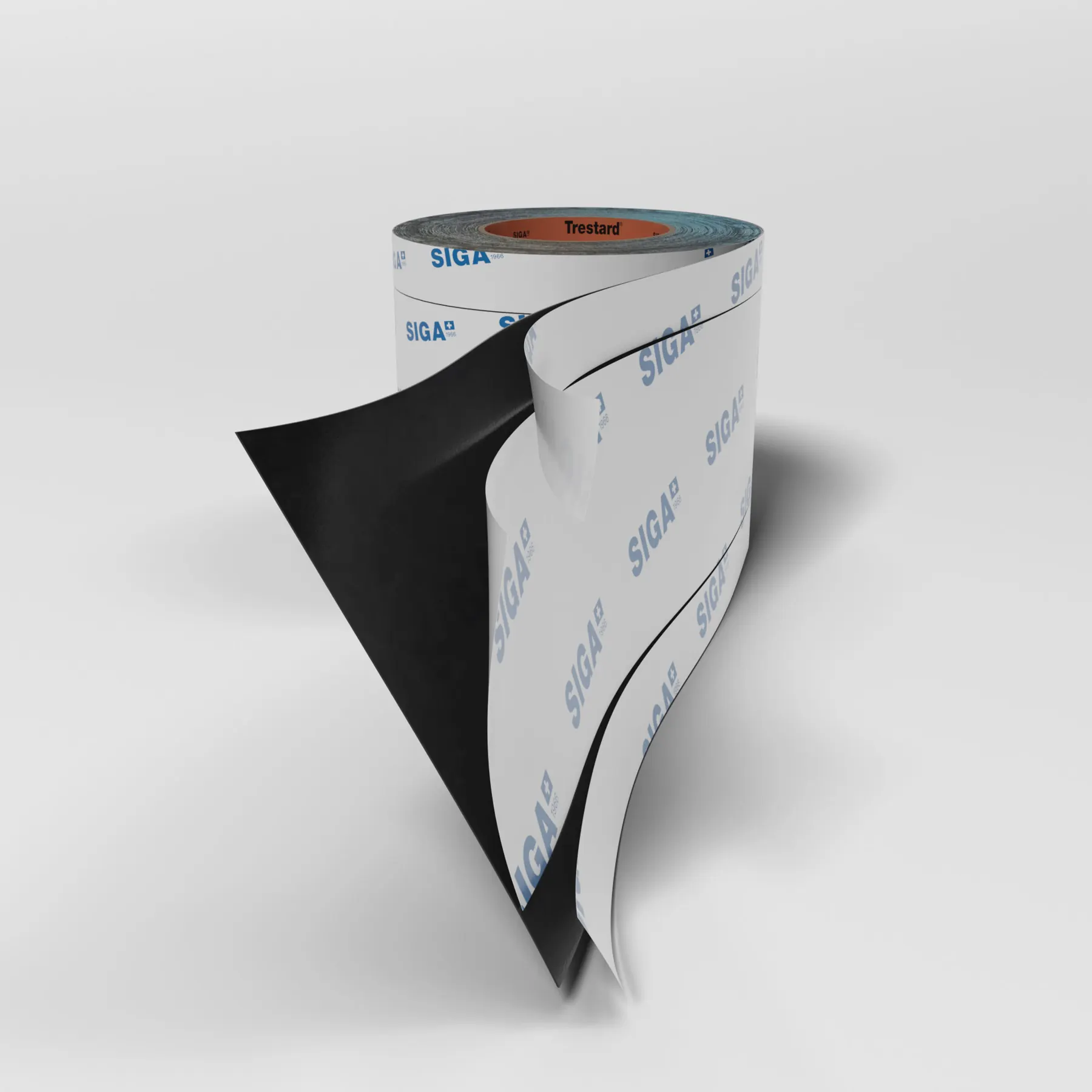 Unrolled SIGA tape roll on a white background – product visualisation